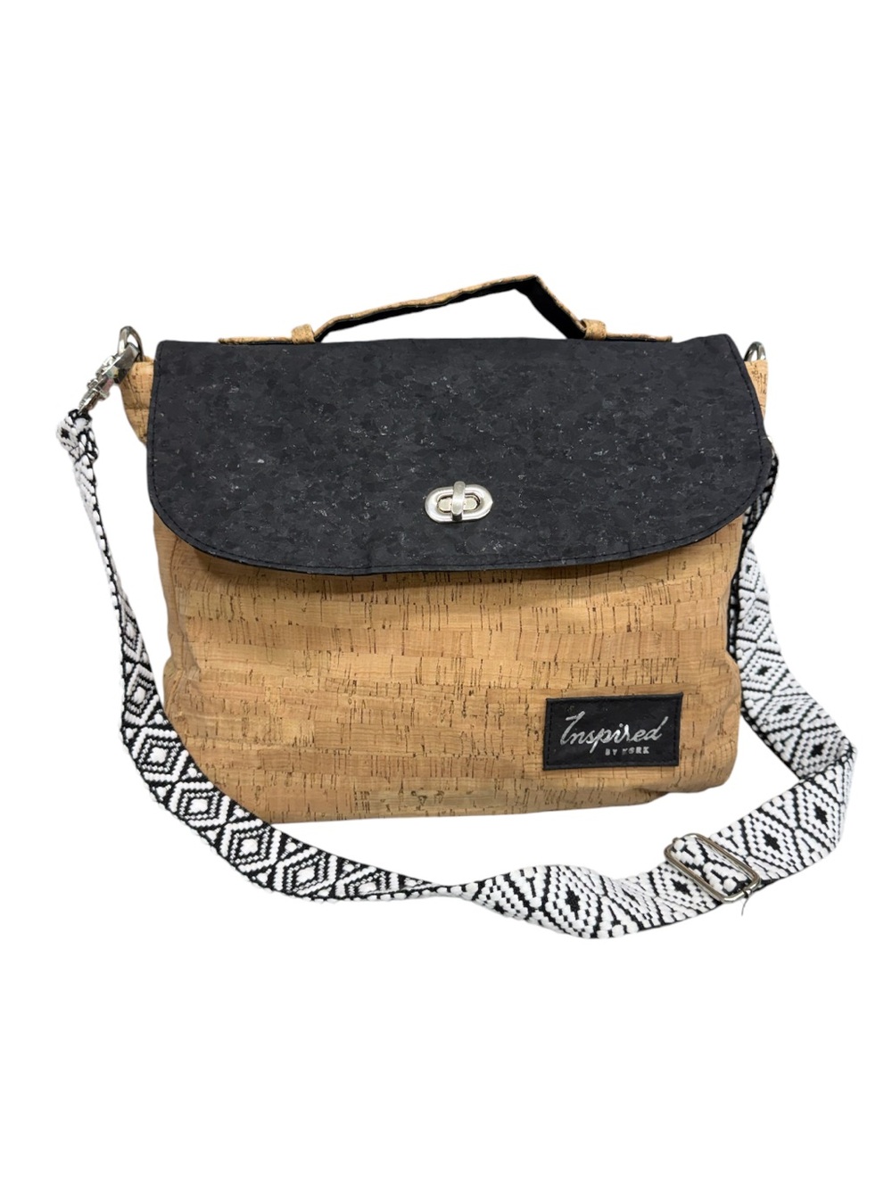 Inspire Two-Tone Black & Tan Cork Crossbody with Patterned Guitar Strap